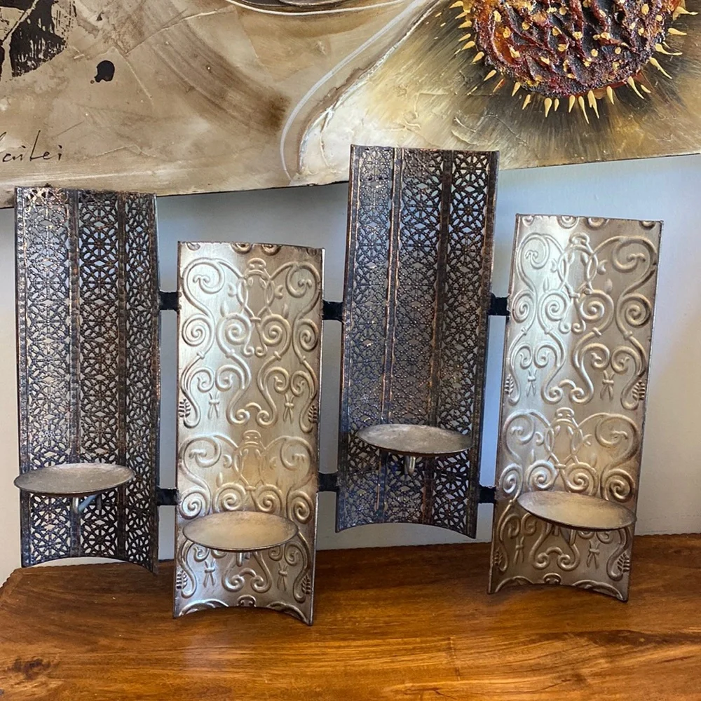 Vintage Pier 1 Metal Scroll Wall Sconce Candle Holder 4 Pillar Earth Tones